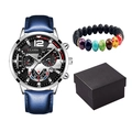 Men's fashion quartz watch set with blue leather strap and volcanic stone bracelet in box - Blue Strap Silver Case And Bracelet And Box