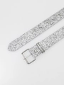 Detailed view of silver sequin belt with rhinestone buckle and metallic eyelets in Y2K style - 103cm(Size S) / 3.2cm Wide/Square Buckle / Silver