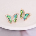 Gradient blue-green butterfly stud earrings with gold plating and sparkling crystals - Malachite green