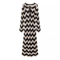 Long sleeve striped knit dress with black and white wavy pattern and tie V-neckline - S / Long Sleeve