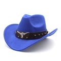 Blue felt western cowboy hat detail featuring silver bull head metal and leather band - M (56-58cm) / Blue