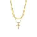 Double-layered gold chain necklace with pearl-set cross pendant and flat snake chain - Letter T