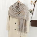 Classic paisley pattern scarf with tassels draped on a coat for a stylish autumn look - VE040 White Camel
