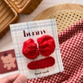 Close-up of handmade red fabric bow hair clips set for girls on a gift card - Red Lace Bow & Pearl Set 2Pcs