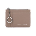 Mocha brown cross-grain leather mini coin purse with card slots and key ring detail - Apricot