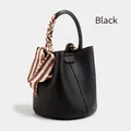 Classic black litchi pattern leather bucket bag with decorative silk scarf on the handle - Black