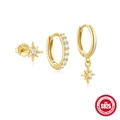 Three-piece gold S925 sterling silver earring set with star studs and zircon hoops - Eight Pointed Star Collection / Gold