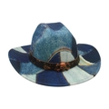 Vintage blue and white patchwork denim cowboy hat with skull emblem and leather band - Denim Patchwork Skull Decor / Royal Blue