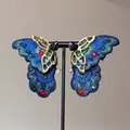 Vintage butterfly earrings with blue embroidery and crystals on black jewelry display stand - 1# Silver Pin - Gold Blue Green (Embroidered Butterfly)