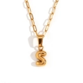 18K gold plated necklace featuring bubble letter S pendant and paperclip chain style - Gold-S