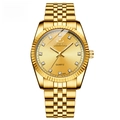 Elegant gold couple quartz watch with metallic strap and diamond dial markers in studio light - Men's Gold Dial