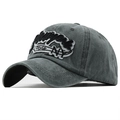 Close-up of deep gray washed cotton baseball cap featuring thick 3D New York embroidery - Army Green