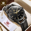 OLEVS black quartz watch with gold indices and black leather strap on display box - Male Style / Black Leather Black Case Black Dial
