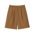 Pantaloncini da completo marroni da donna a vita alta con pieghe e gamba larga moda autunno - S / Shorts