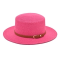 Detail view of woven rose pink straw sun hat with brown faux leather belt and gold buckle - M (56-58cm) / Rose Red
