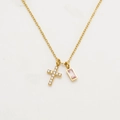 Elegant gold necklace featuring a zircon cross and a rectangular pink gemstone pendant - October / Pink