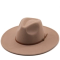 Classic wide-brimmed wool fedora hat in beige featuring a brown leather decorative band - Light Purple Gray