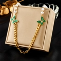 Vintage pearl chain necklace featuring green butterfly pendants and crystal accents - Pearl Green Butterfly Style (N2251)