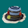 Handmade striped crochet knit fisherman hat with colorful 3D flowers and white wavy brim - One Size / Little Red Flower