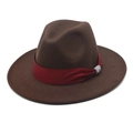 Detail of dark brown wool fedora with red silk ribbon and sparkling rhinestone buckle - Dark Coffee