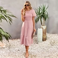 Pink smocked waist dress with layered midi skirt and ruffled short sleeves - S / Pink