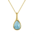 Bohemian gold necklace with water-drop light blue gemstone pendant on white background - Aquamarine, 14K Gold Plated, Approx. Weight 1.48g
