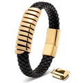 Men's black braided leather bracelet with multiple polished gold rings and magnetic clasp - Single Loop Wrap / Gold