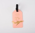 Pink faux leather luggage tag with gold embossed airplane motif and adjustable strap - Pink