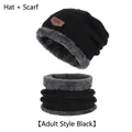 Adult black winter knit hat and neck warmer set with warm grey fleece lining - Adult Set (Hat + Scarf) / Black