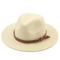 Chapeau de soleil en raphia beige avec bande en cuir marron et boucle dorée - Blanc Cassé