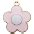 Close-up of pink flower keychain charm with gold metal frame and white center detail - Five-Petal Flower / Pink