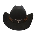 Classic black cowboy hat with brown leather braided band and silver bull head decoration - Black (Silver Bull Head)