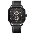 Poedagar square quartz watch featuring a black leather strap with orange stitching - 6288 Black Case Gold Marker Leather Strap (Non-functional Sub-dials)