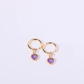 Golden heart earrings featuring a purple birthstone pendant in a minimalist design - February / Amethyst