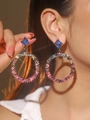 Oversized colorful crystal hoop earrings with gradient rainbow rhinestones on model - Multicolor Gradient DTE1516125-S13CR