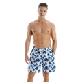 Heren strandshort met blauwe palmboomprint voorzien van elastische taille en trekkoord - M / Bottoms / Palmboom