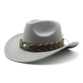 Classic gray wool felt cowboy hat with braided brown leather band and turquoise stone - M(56-58cm) / Light Gray