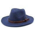 Detail of navy blue straw fedora hat featuring brown faux leather band and metal rivets - M (56-58cm) / Navy Blue
