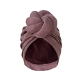 Detail of velvet turban featuring a large braided twist knot in deep burgundy finish - Purple