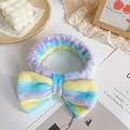 Plush striped bow headband in purple yellow and blue for skincare and makeup - Purple Yellow Blue Stripe