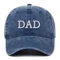 Close-up of DAD embroidery on dark blue washed cotton baseball cap with curved brim - DAD Embroidery / Navy Blue