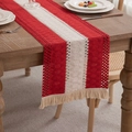 Red and beige woven cotton linen table runner with fringes on a wooden dining table - 30x120cm / Cotton Center Red Borders