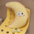 Plush yellow checkered moon pillow with pink ruffles and cute animated expression - Yellow Plaid Moon