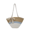 Handmade woven tote bag with tricolor stripes and lace bow detail for summer beach vacations - Blue With Silk Scarf