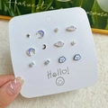 Cute 12-piece earring set with purple enamel moons, silver stars, and pearl studs - QT Planet 6-Piece Set