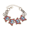Retro steampunk butterfly bracelet with antique bronze metal and red blue enamel details - Antique Bronze Red Blue Butterfly Bracelet (N-1090)