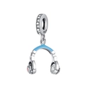 Macro detail of S925 silver headphone charm with blue enamel and pink sparkling stones - Blue Enamel Headphones