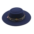 Dark blue flat top wide brim hat with colorful ethnic bohemian tassel and bead trim - Navy Blue