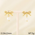 Elegant golden bow knot earrings with white pearls displayed on a white stand - Bow-Knot Pearl Style (Style B Gold KE113931-KFC)