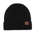 Classic black winter knit beanie with warm fleece and a brown leather snowflake patch - Black